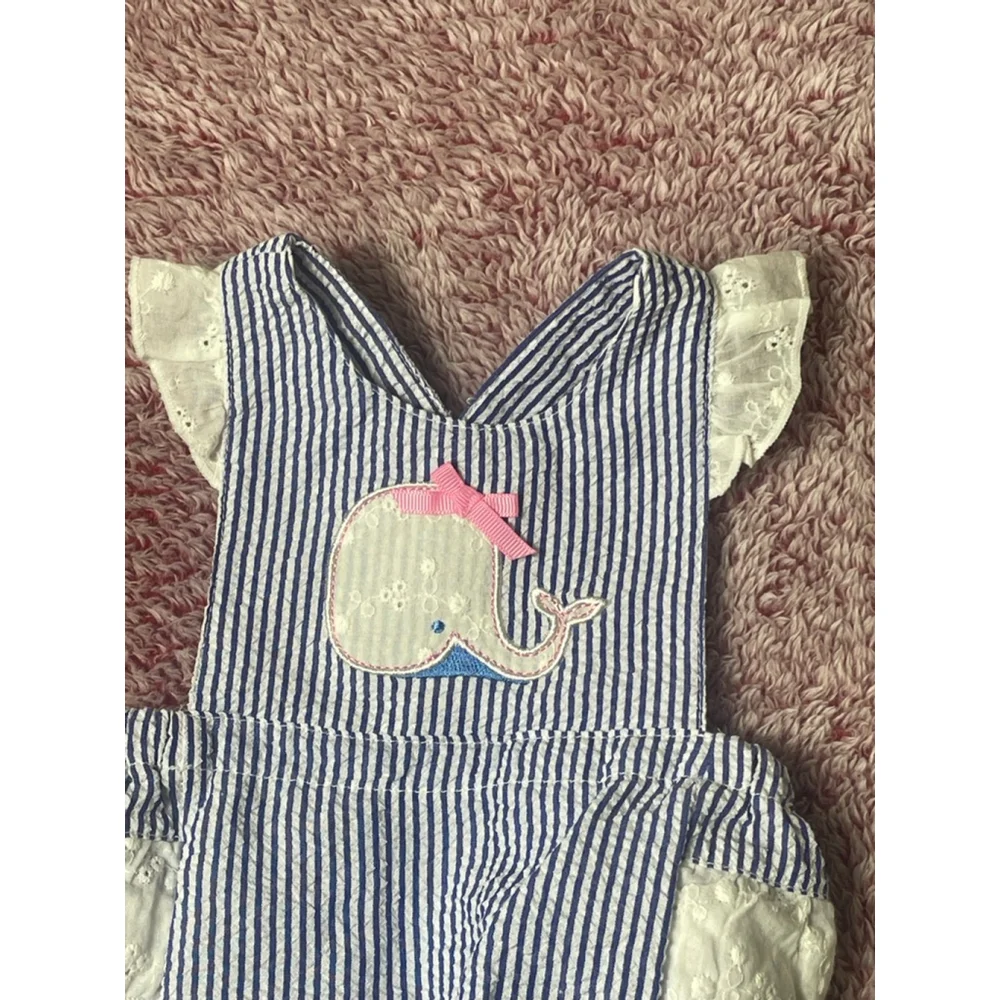 Baby Nursery Rhymes ruffle butt romper 3 Months Whale seersucker